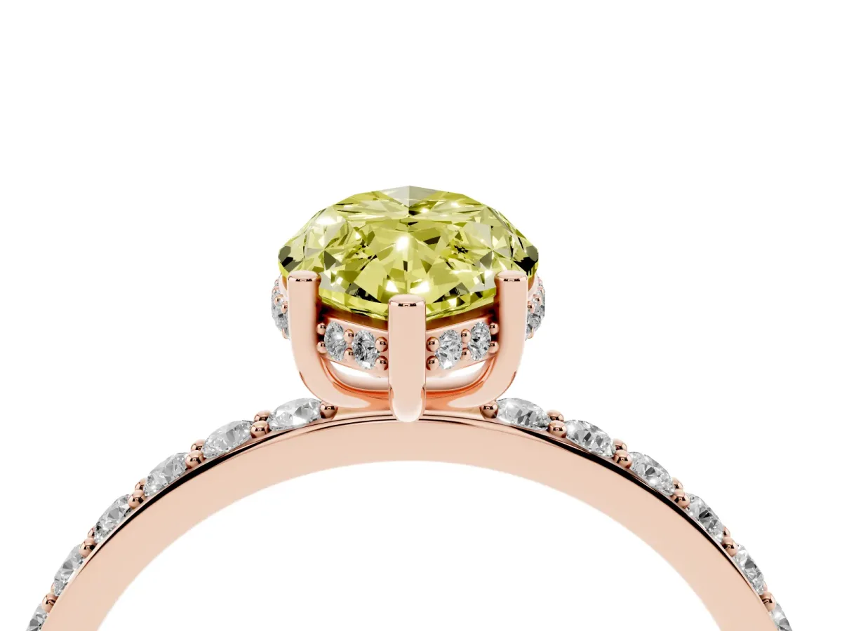 Fancy Yellow Marquise Cut Diamond Solitaire Ring with Pavé Band and Hidden Halo Rose gold