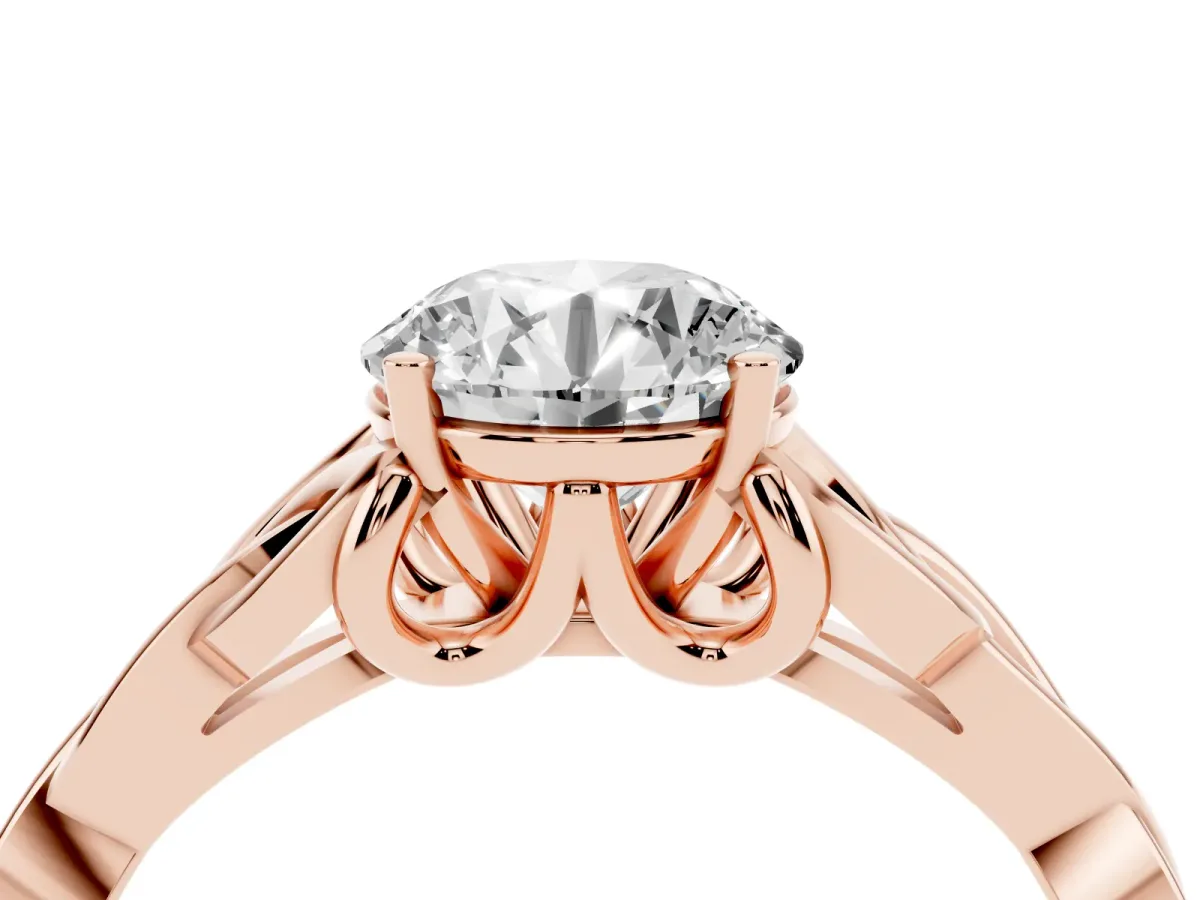 Round Cut Diamond Solitaire Engagement Ring with Celtic Knot Band and Four-Prong Setting Rose gold