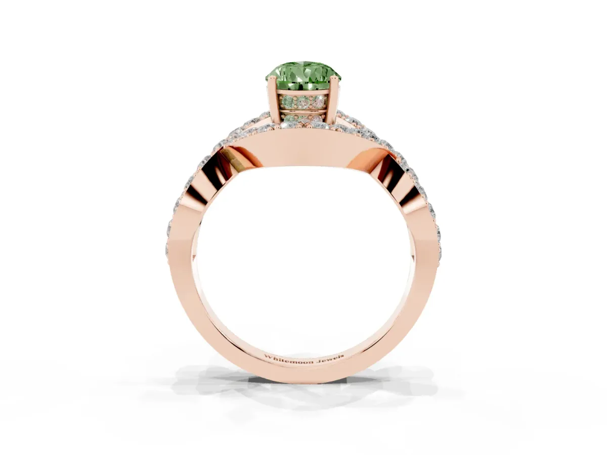 Fancy Green Pear Cut Solitaire Twist Band Pavé Diamond Engagement Ring Rose gold