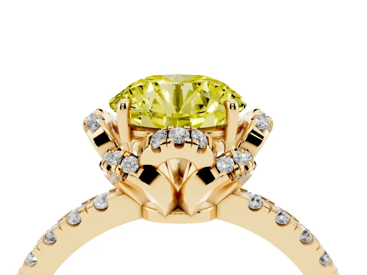 Fancy Yellow Round Cut Halo Diamond Pave Band Ring with Four-Prong Setting Yellow gold