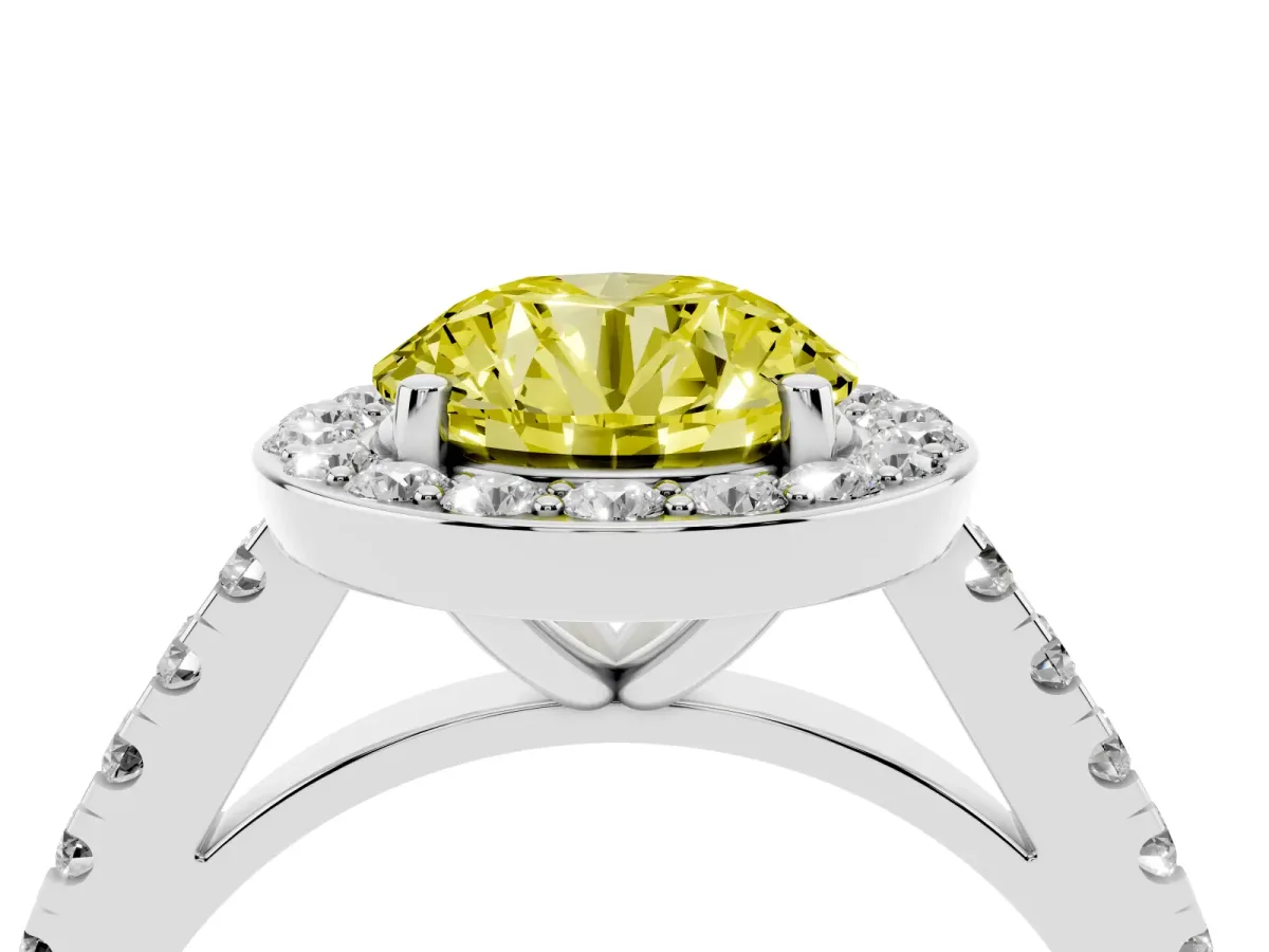 Fancy Yellow Round Cut Diamond Halo Ring with Round Pavé Split Shank and Prong Setting Silver