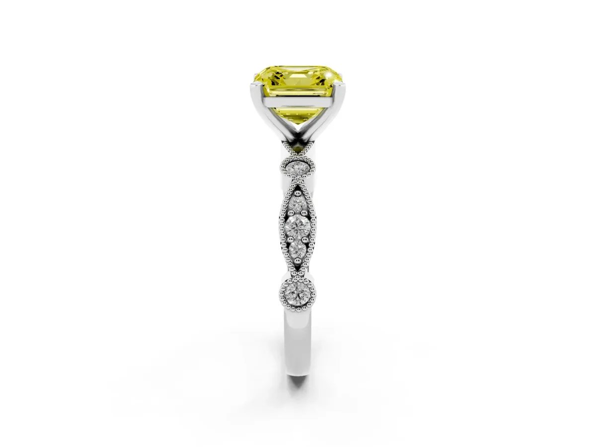 Fancy Yellow Asscher Cut Milgrain Bezel Diamond Engagement Ring with Solitaire Prong Setting Platinum