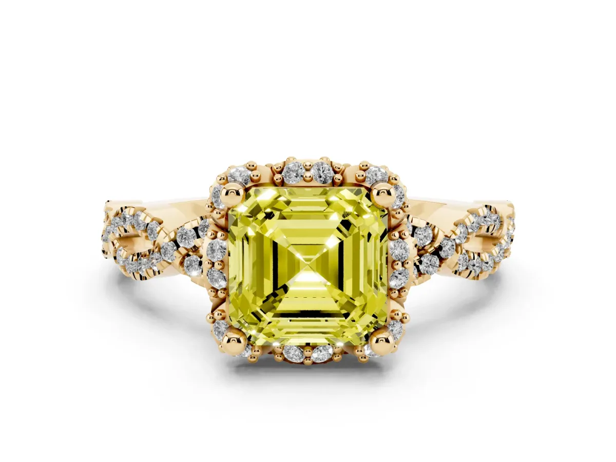 Fancy Yellow Asscher Cut Halo Twist Band Solitaire Ring with Six-Prong Setting Yellow gold