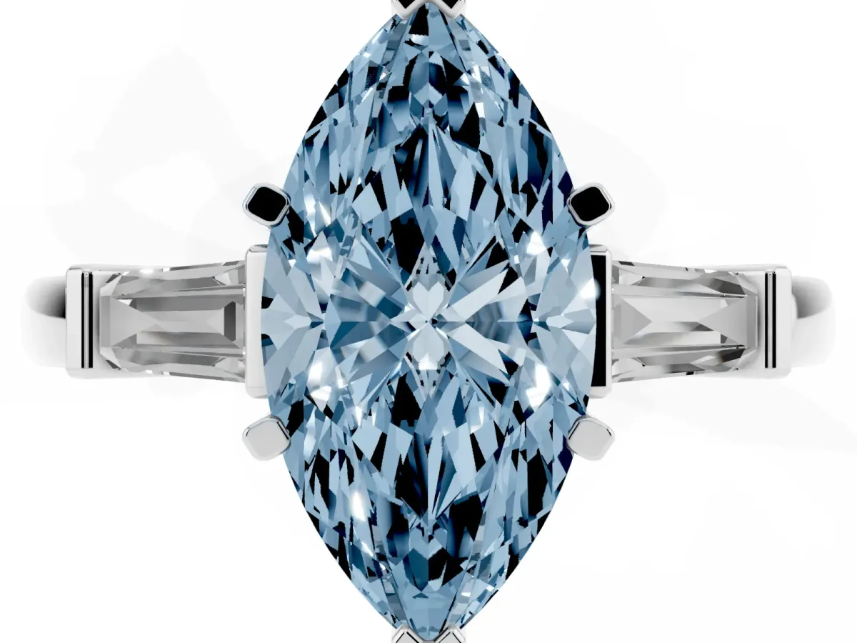 Fancy Blue Marquise Cut Cut Diamond Solitaire Ring with Tapered Baguette Accents and Four-Prong Setting Silver