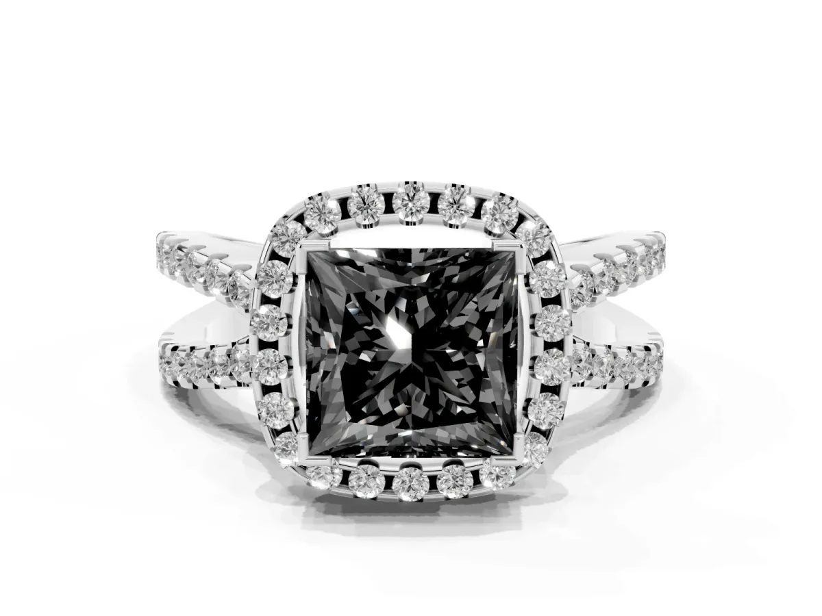 Fancy Black Princess Cut Diamond Halo Ring with Split Shank Pavé Band and Prong Setting Silver