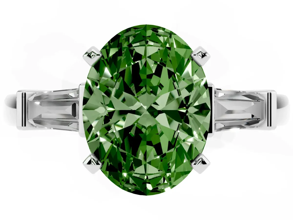 Fancy Green Oval Cut Cut Diamond Solitaire Ring with Tapered Baguette Accents and Four-Prong Setting Platinum