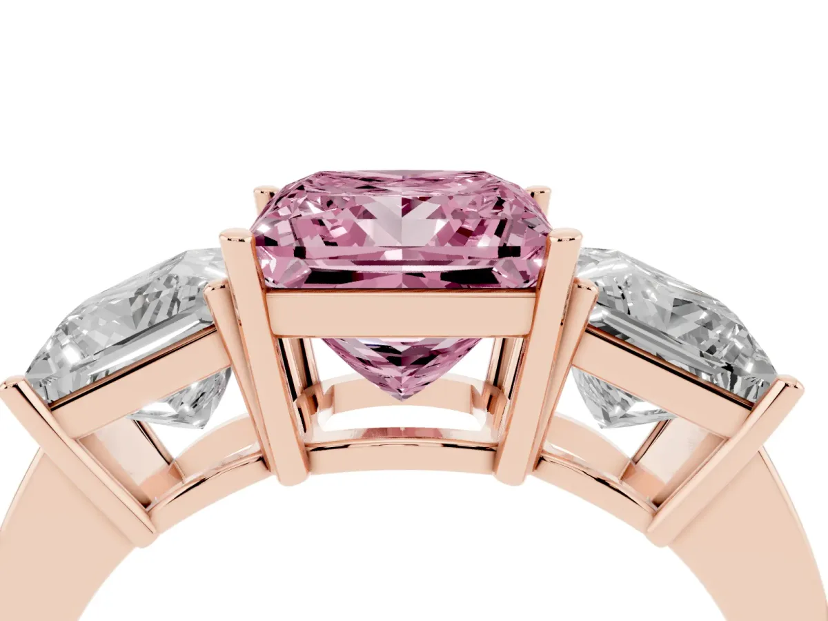Fancy Pink Three-Stone Princess Cut Cut Diamond Engagement Ring with Flat Band and Four-Prong Setting Rose gold