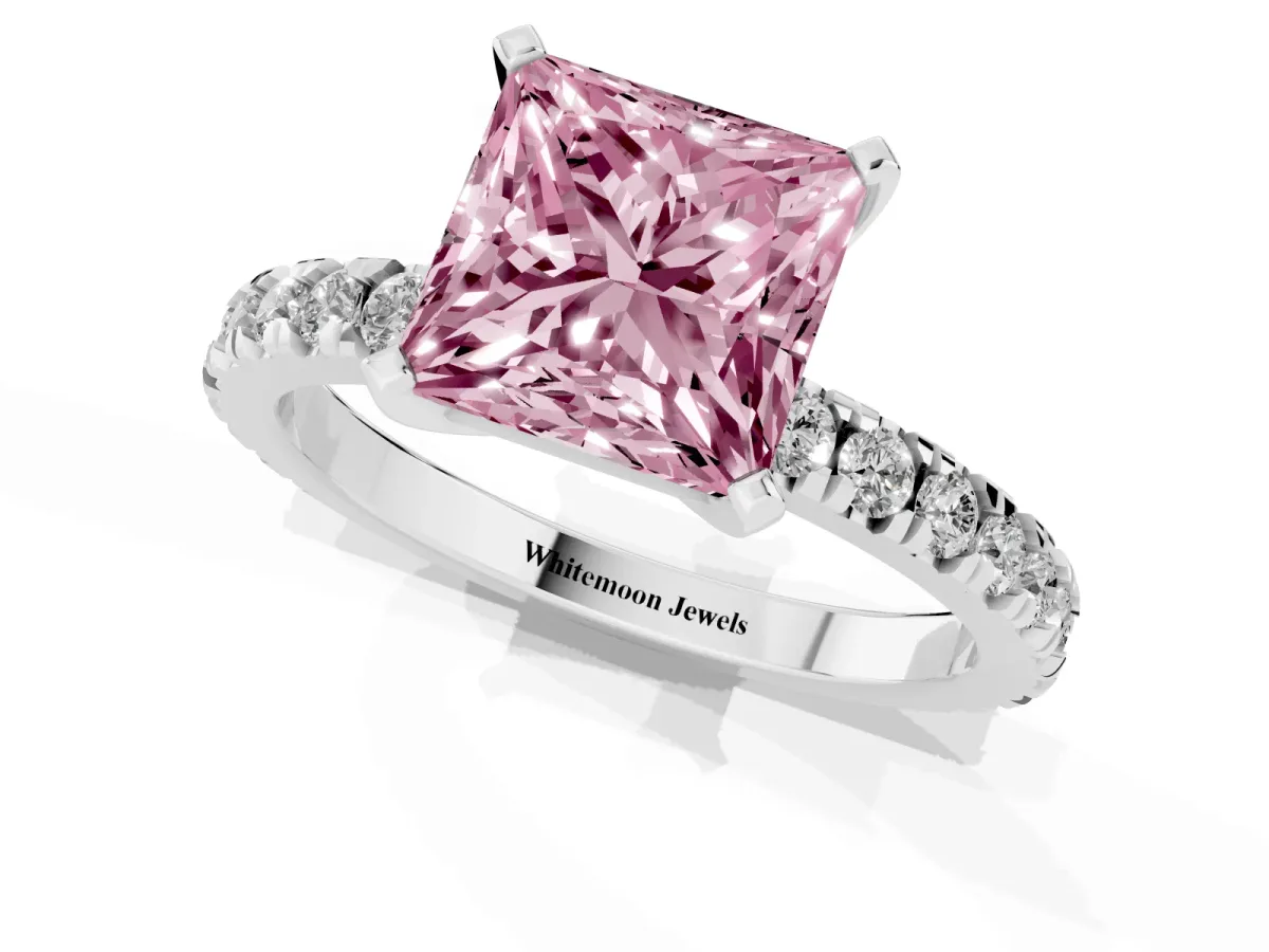Fancy Pink Princess Cut Diamond Pavé Band Solitaire with Four-Prong Setting Silver