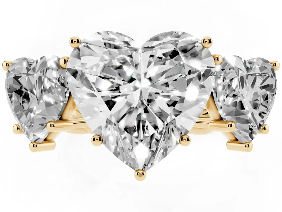 Three-Stone Heart Cut Diamond Braided Band Ring with Four-Prong Setting Yellow gold