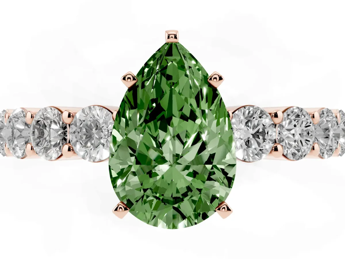 Fancy Green Pear Cut Diamond Solitaire Ring with Shared Prong Round Side Stones Rose gold