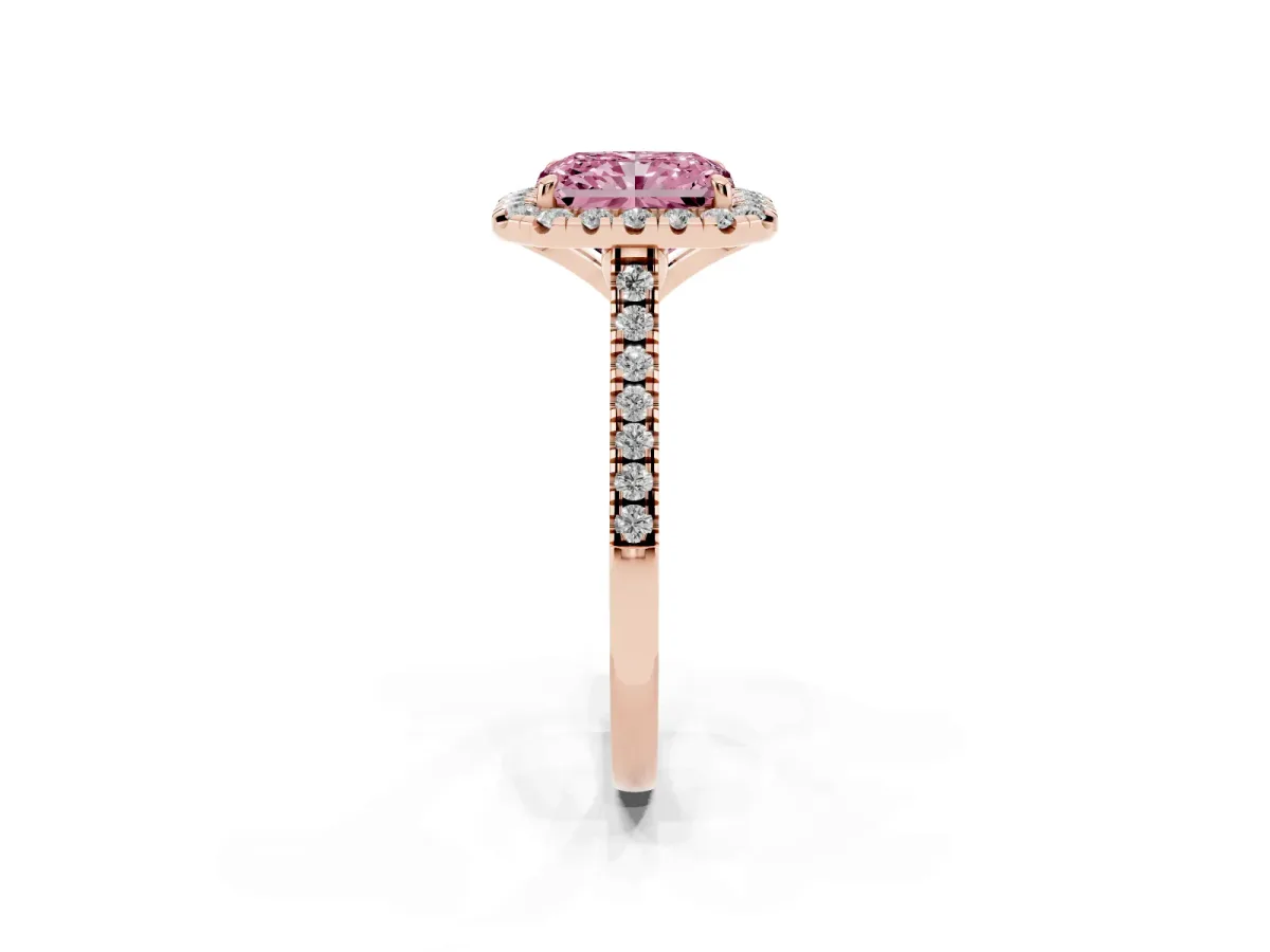 Fancy Pink Radiant Cut Diamond Cushion Halo Ring with Pavé Band Rose gold