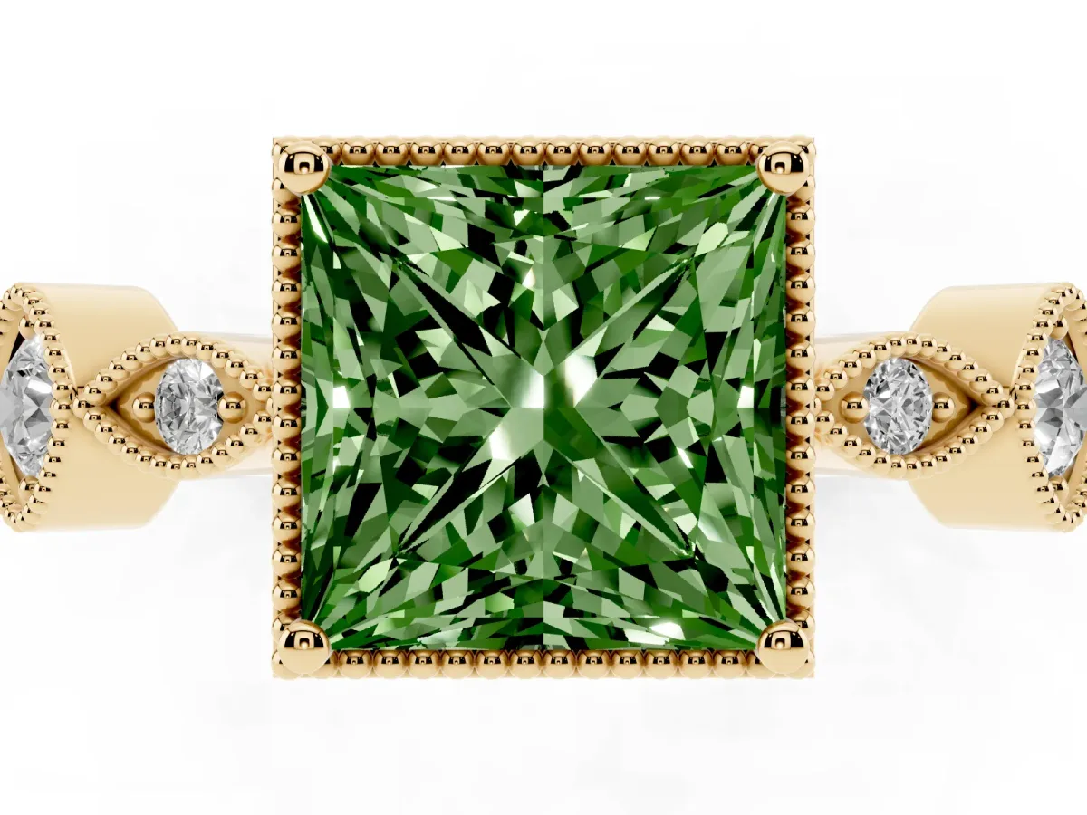 Fancy Green Princess Cut Diamond Vintage Milgrain Ring with Round Stations Yellow gold
