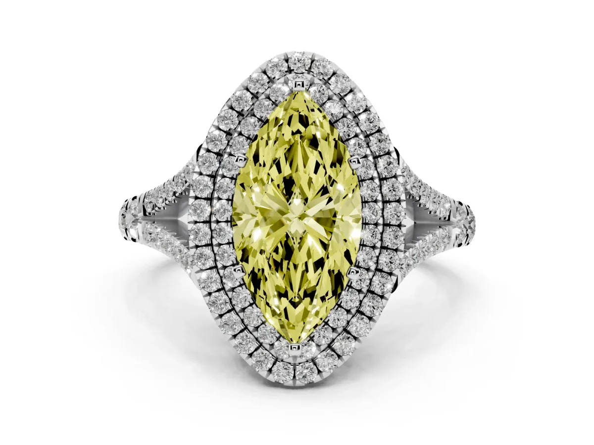 Fancy Yellow Double Halo Marquise Cut Diamond Split Shank Engagement Ring with Four-Prong Setting Silver