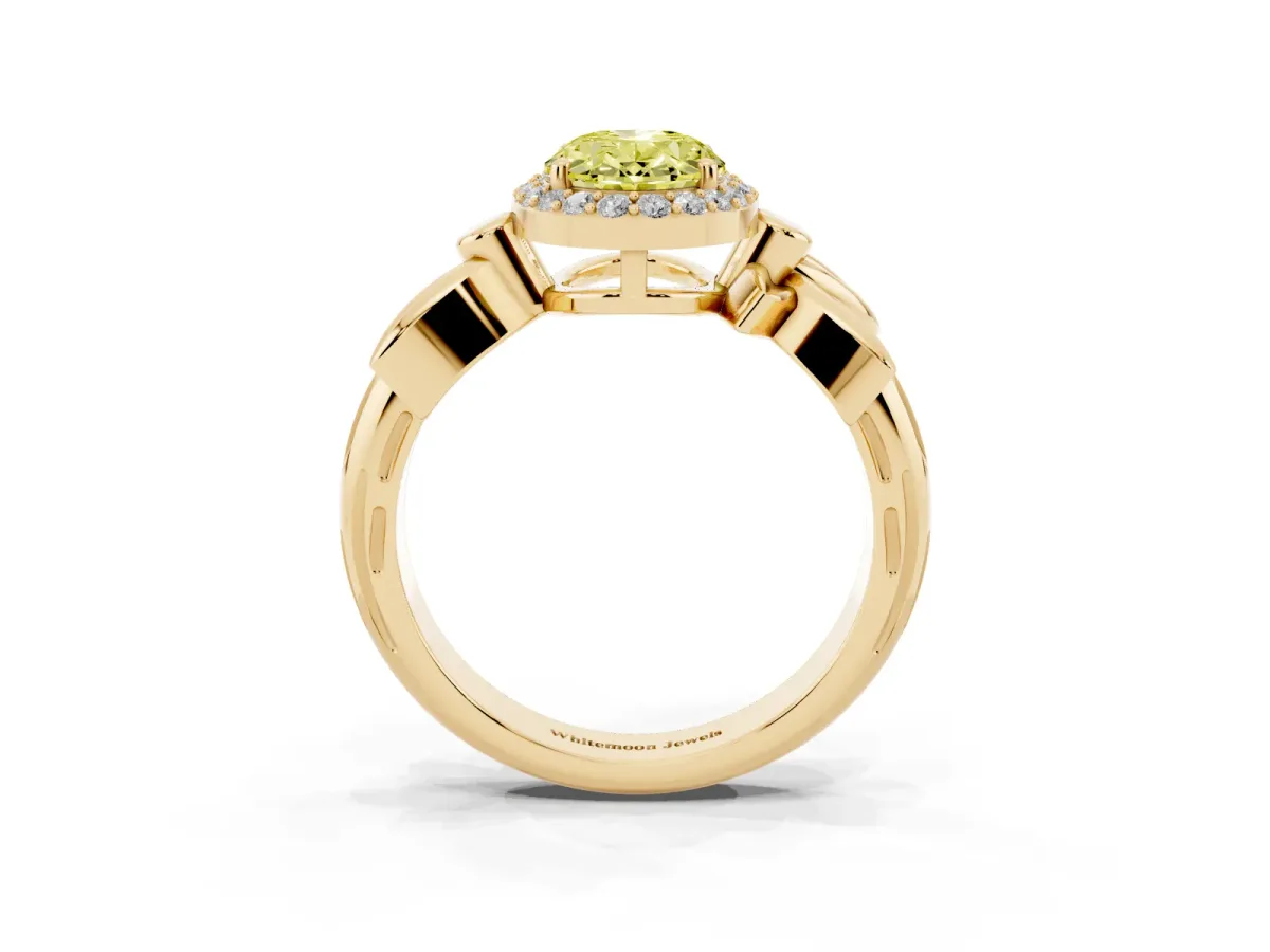 Fancy Yellow Oval Cut Halo Diamond Floral Band with Four-Prong Setting Yellow gold