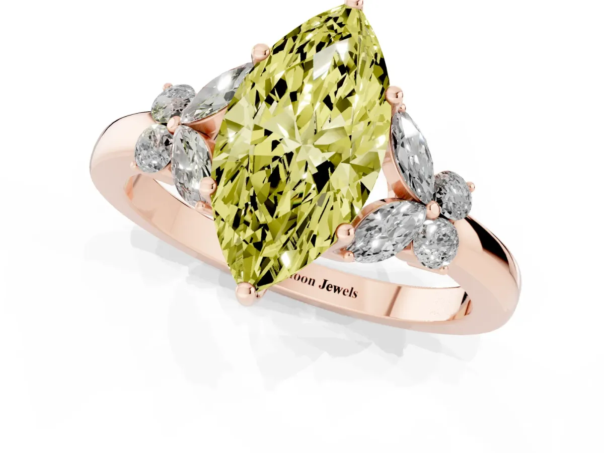 Fancy Yellow Marquise Cut Cut Solitaire Floral Diamond Ring with Four-Prong Setting Rose gold