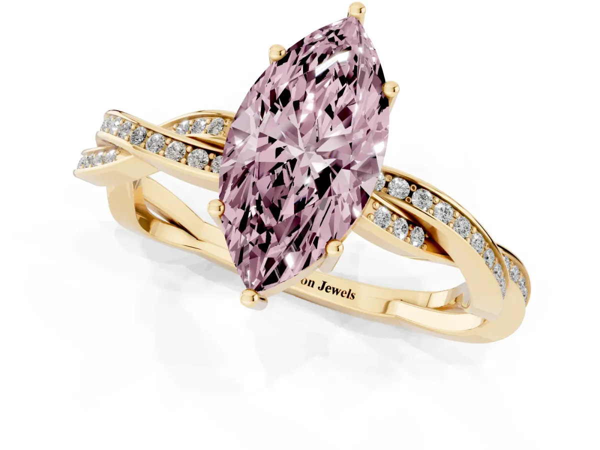Fancy Pink Marquise Cut Solitaire Twisted Pave Diamond Ring with Four-Prong Setting Yellow gold