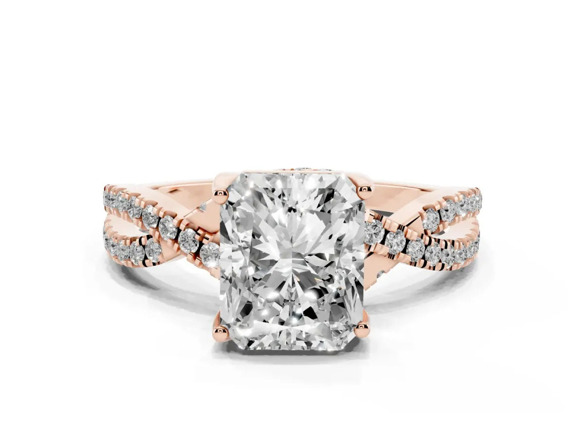 Radiant Cut Solitaire Twist Pave Diamond Engagement Ring with Prong Setting Rose gold