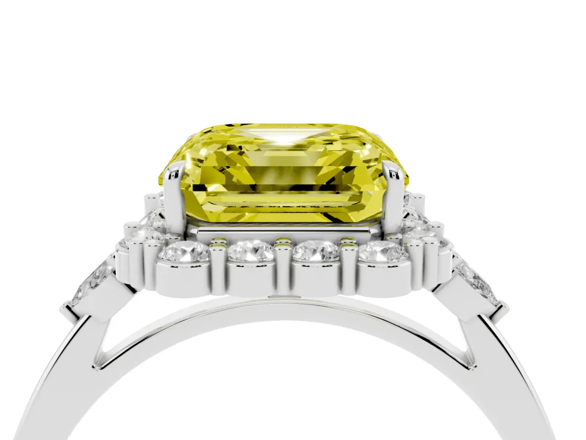 Fancy Yellow Asscher Cut Diamond Halo Ring with Pear Side Stones and Prong Setting Silver