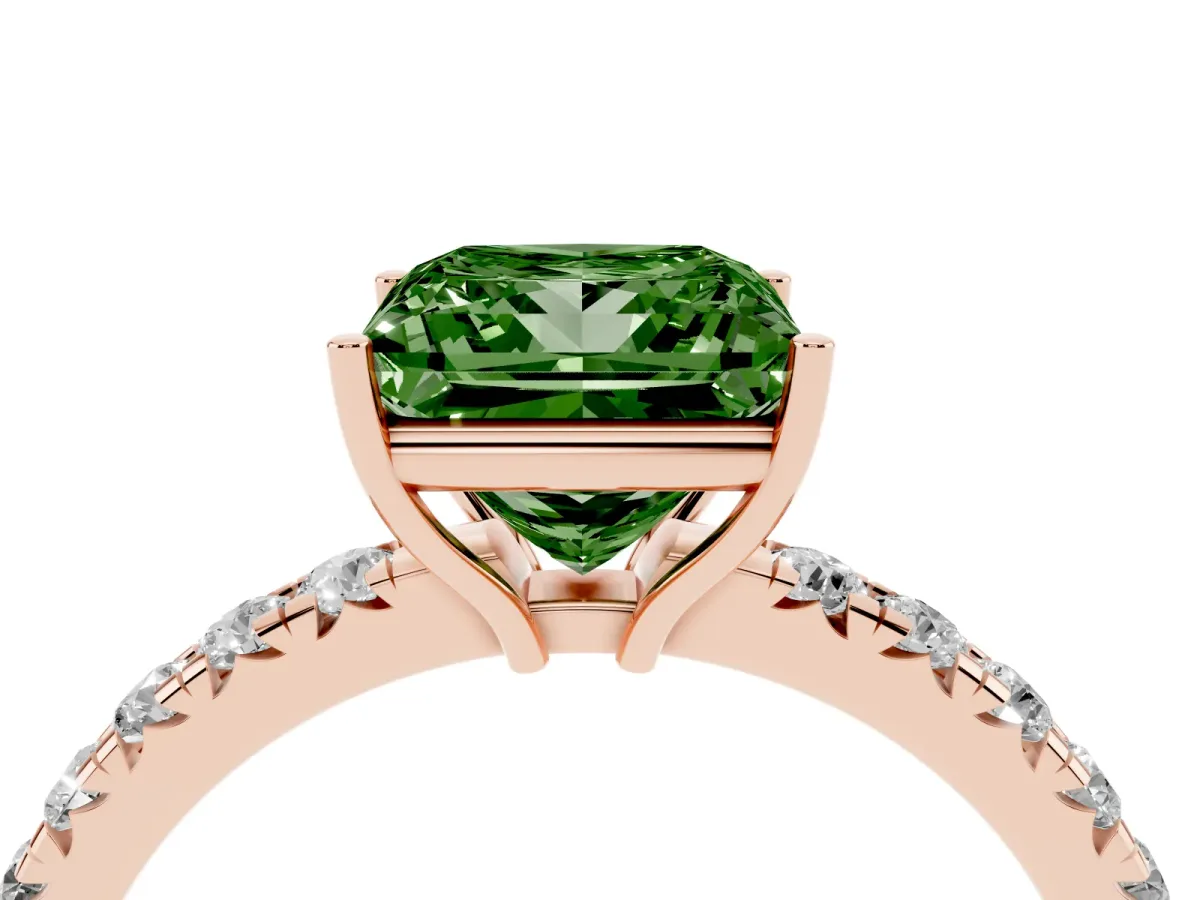 Fancy Green Princess Cut Diamond Pavé Solitaire Engagement Ring with Four-Prong Setting Rose gold