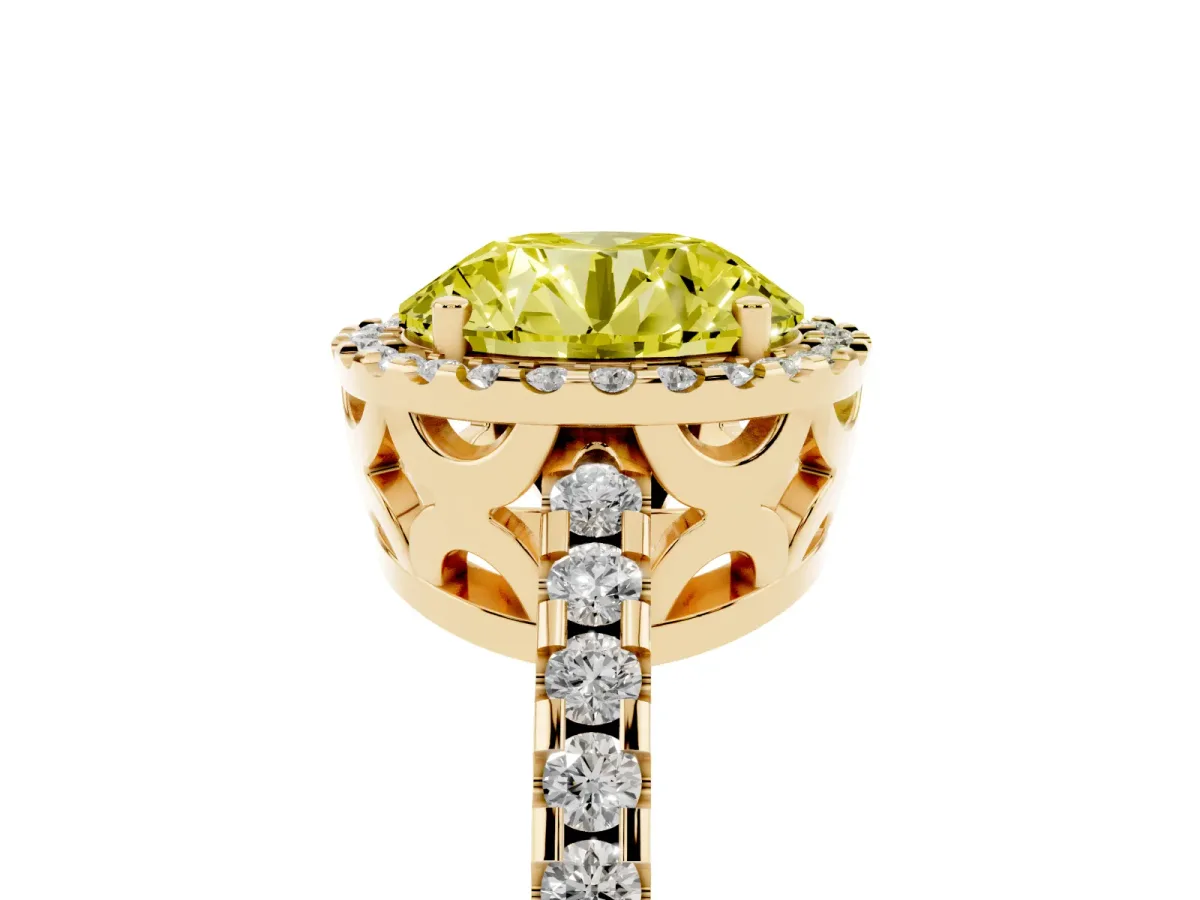 Fancy Yellow Round Cut Diamond Halo Engagement Ring with Pavé Band and Prong Setting Yellow gold