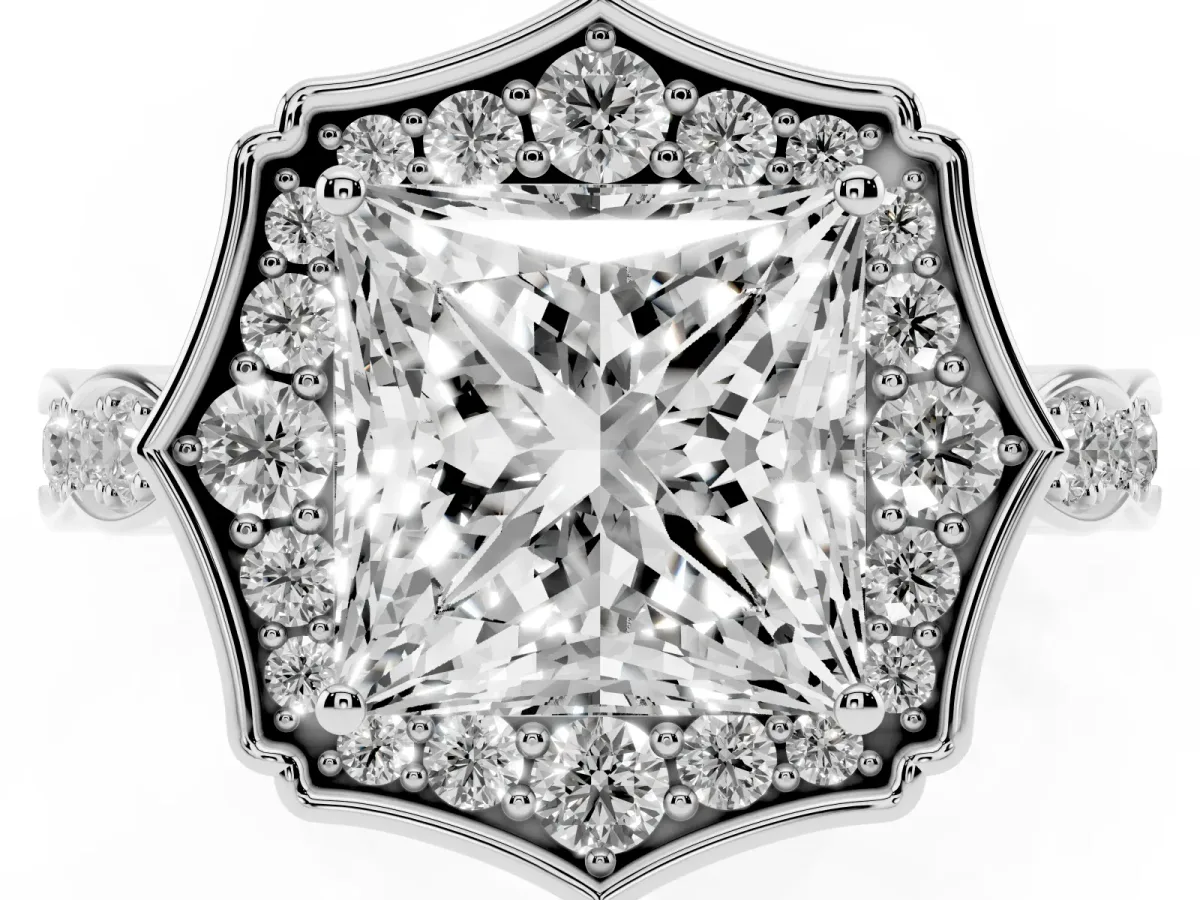 Princess Cut Halo Diamond Engagement Ring with Milgrain Band and Four-Prong Setting Silver