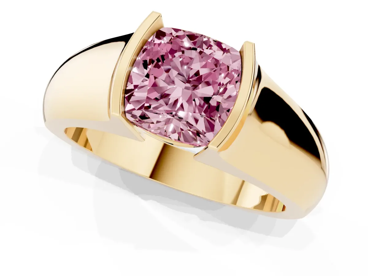 Fancy Pink Cushion Cut Solitaire Bezel Set Diamond Ring with Wide Band Yellow gold