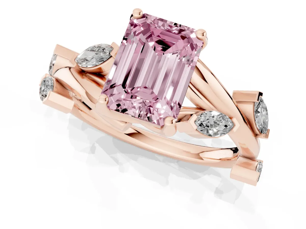 Fancy Pink Emerald Cut Solitaire Twisted Band Marquise Accent Prong Setting Ring Rose gold