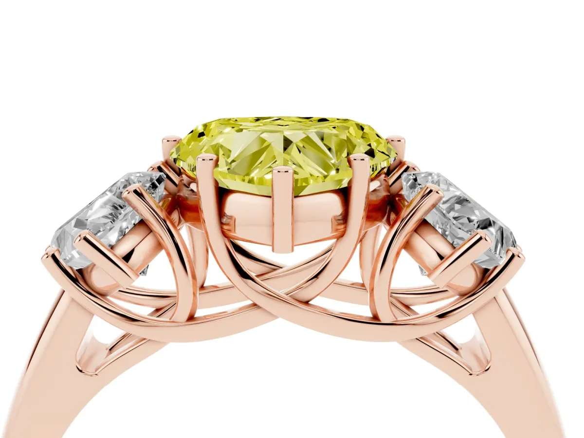 Fancy Yellow Three-Stone Heart Cut Diamond Engagement Ring with Prong Setting Rose gold