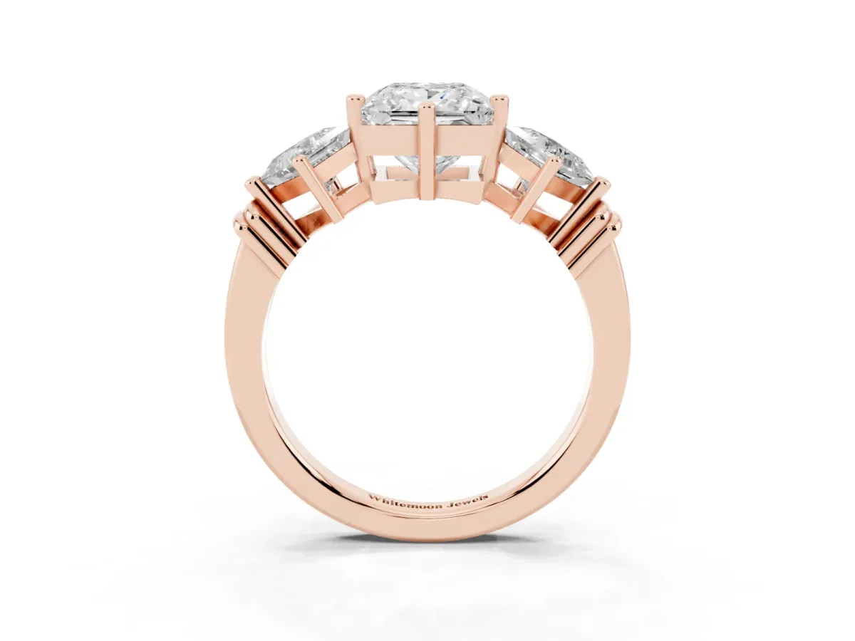 Three-Stone Princess Cut and Princess Cut Diamond Ring with Channel Band and Four-Prong Setting Rose gold