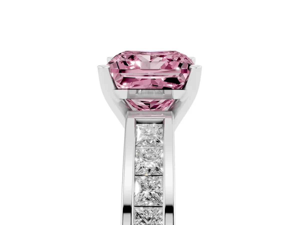Fancy Pink Princess Cut Solitaire Diamond Ring with Channel-Set Band and Four-Prong Setting White gold
