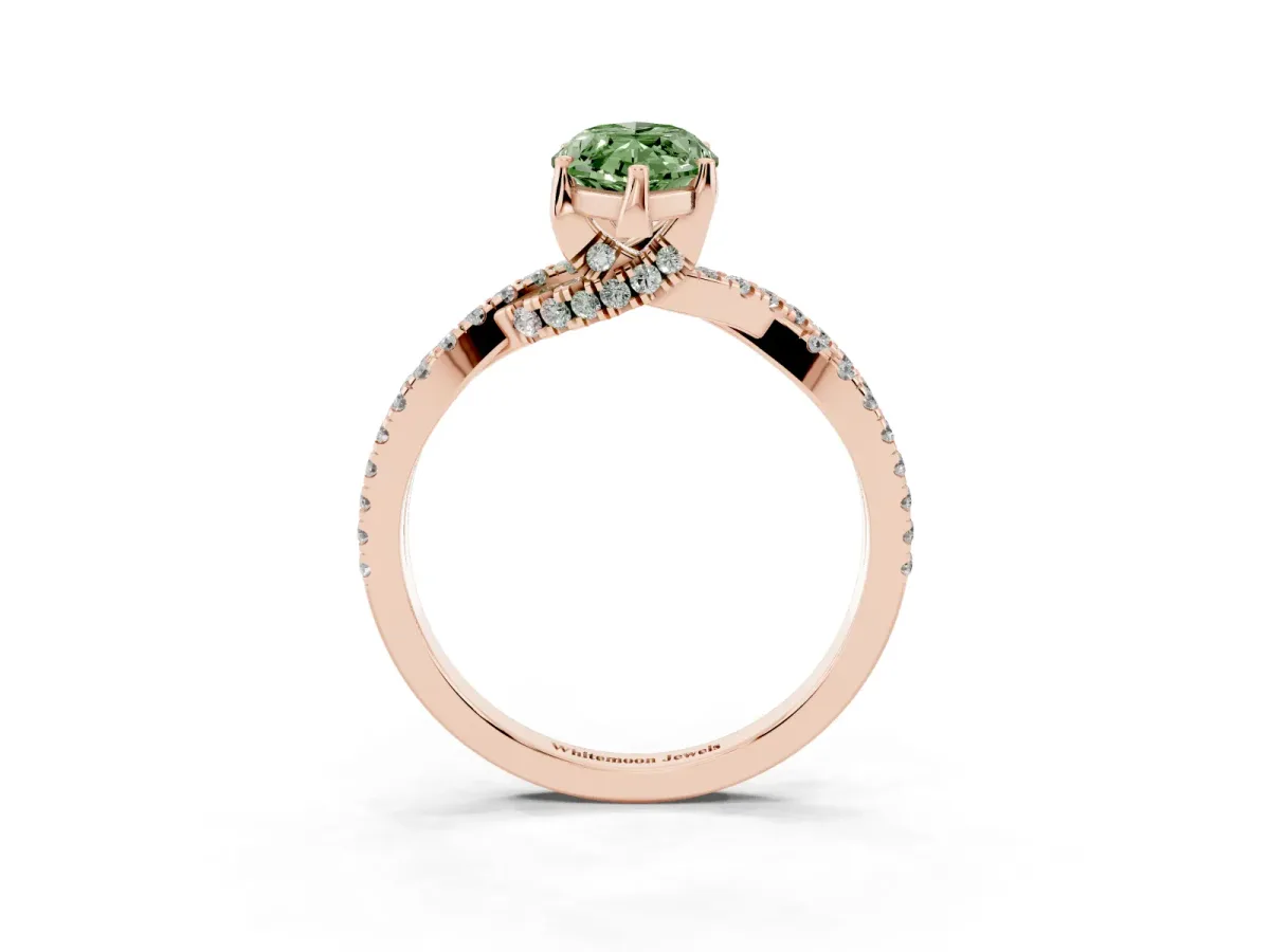 Fancy Green Marquise Cut Solitaire Twist Pave Diamond Engagement Ring with Prong Setting Rose gold