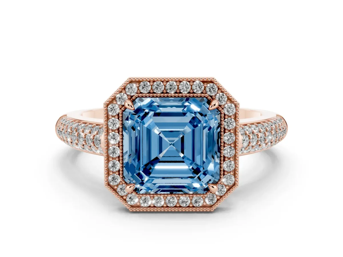 Fancy Blue Asscher Cut Cut Halo Diamond Pave Band with Four-Prong Setting Rose gold