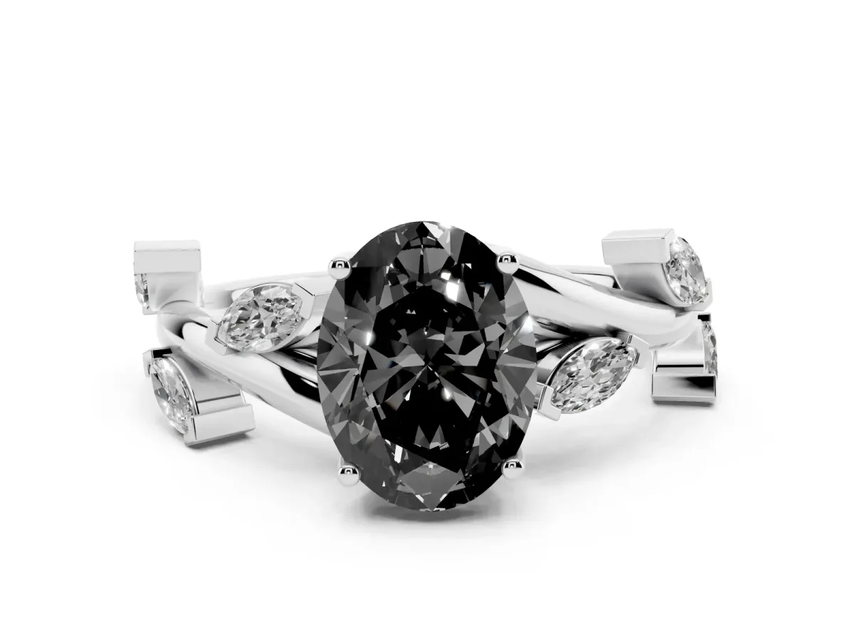 Fancy Black Oval Cut Solitaire Twisted Band Marquise Accent Prong Setting Ring White gold