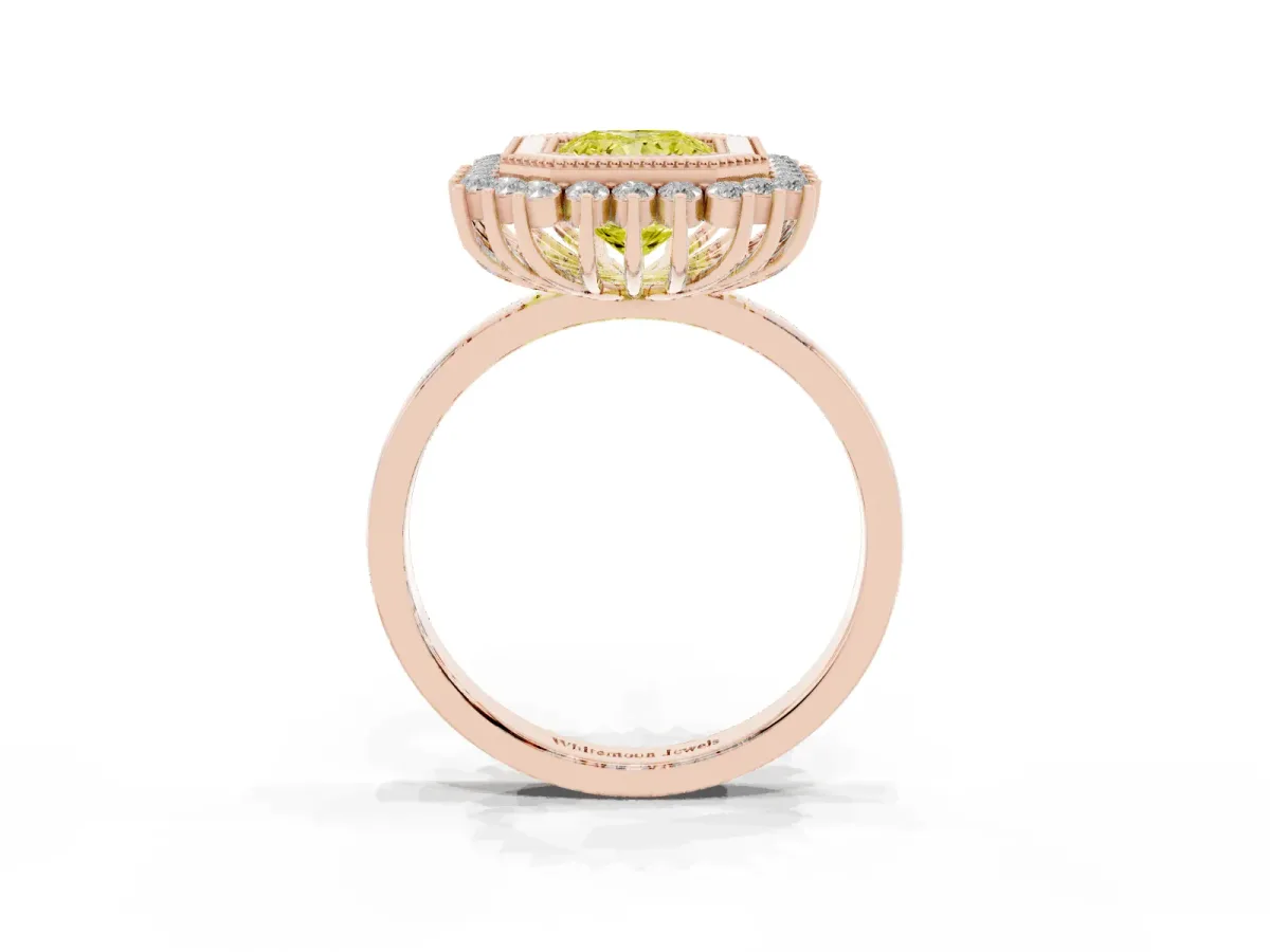 Fancy Yellow Radiant Cut Halo Diamond Ring with Milgrain Edge and Round Prong Setting Rose gold