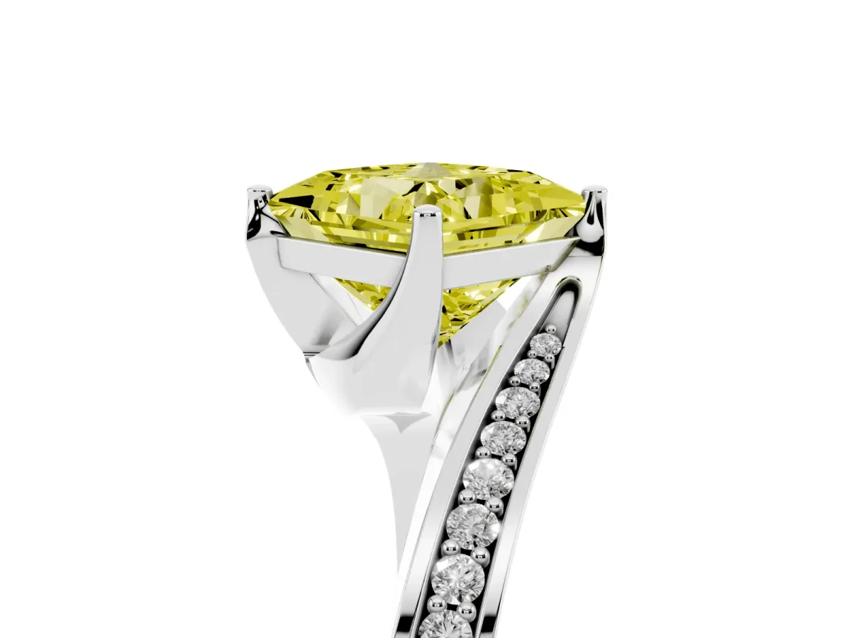 Fancy Yellow Princess Cut Solitaire Diamond Twist Band with Pavé Setting and Four-Prong Setting White gold