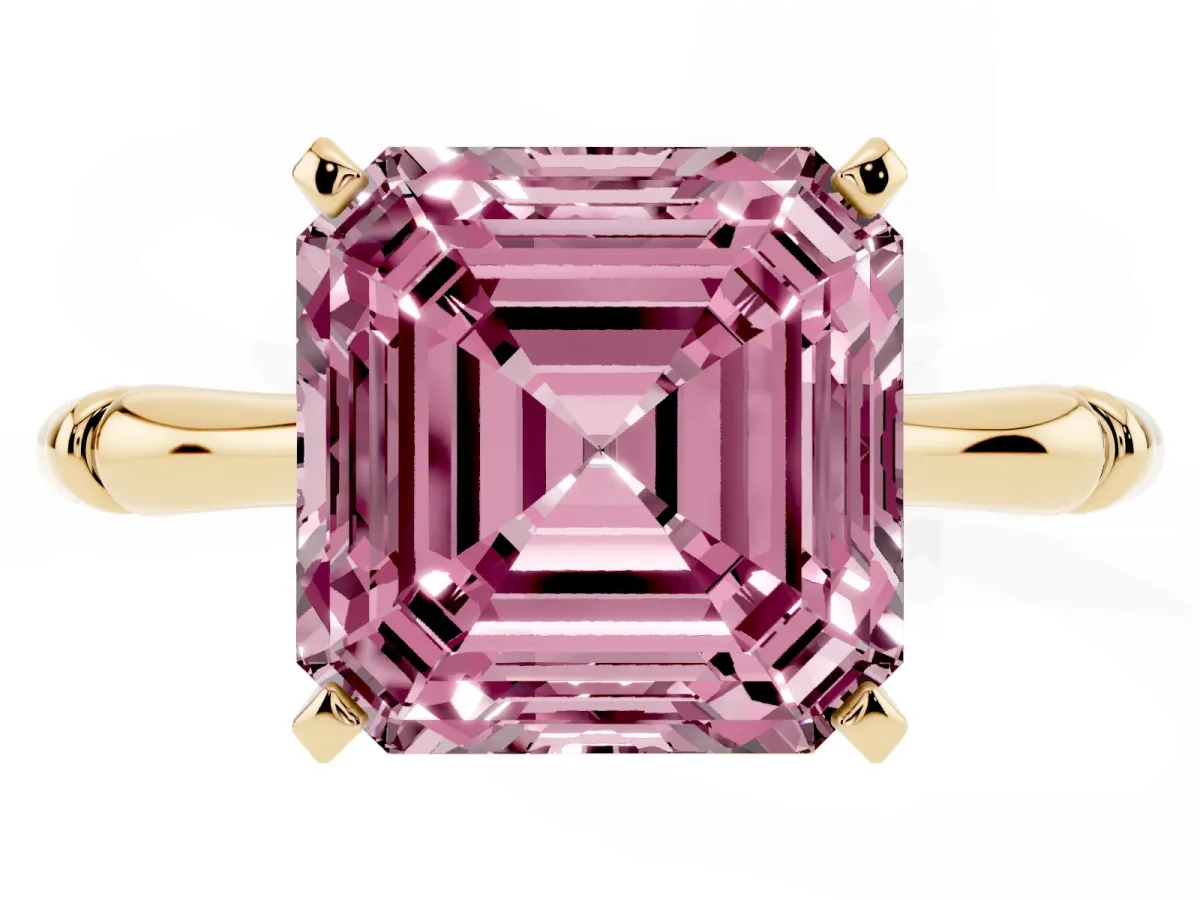 Fancy Pink Asscher Cut Solitaire Diamond Ring with Bamboo Band and Four-Prong Setting Yellow gold