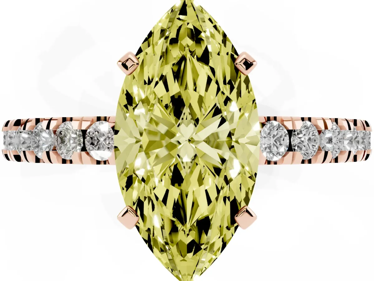 Fancy Yellow Marquise Cut Solitaire Diamond with Pavé Band and Four-Prong Setting Rose gold