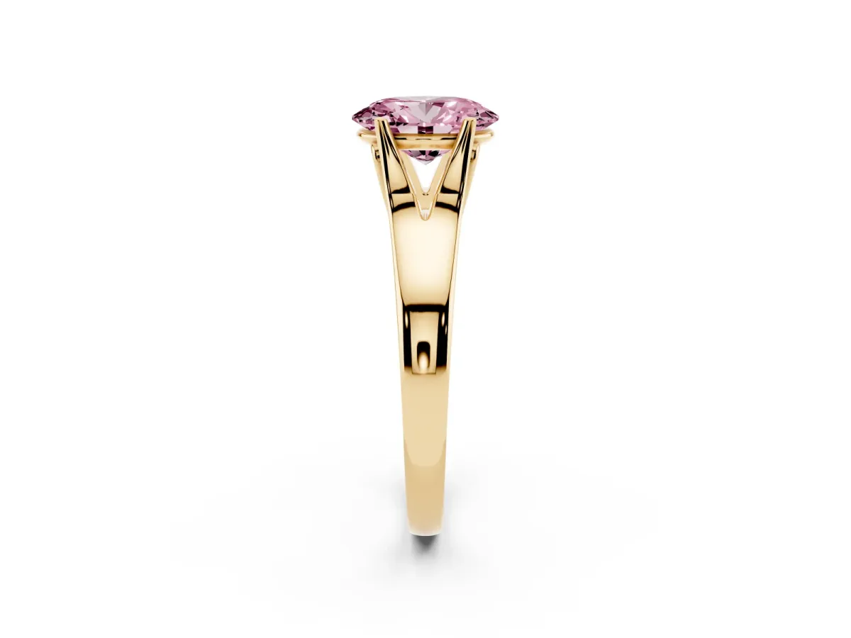 Fancy Pink Oval Cut Solitaire Diamond Ring with Cathedral Band and Four-Prong Setting Yellow gold