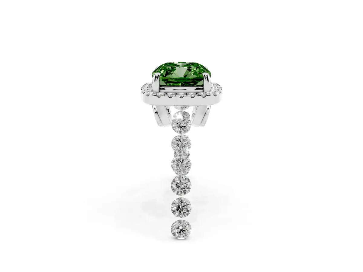 Fancy Green Cushion Cut Halo Pavé Diamond Engagement Ring with Four-Prong Setting Platinum