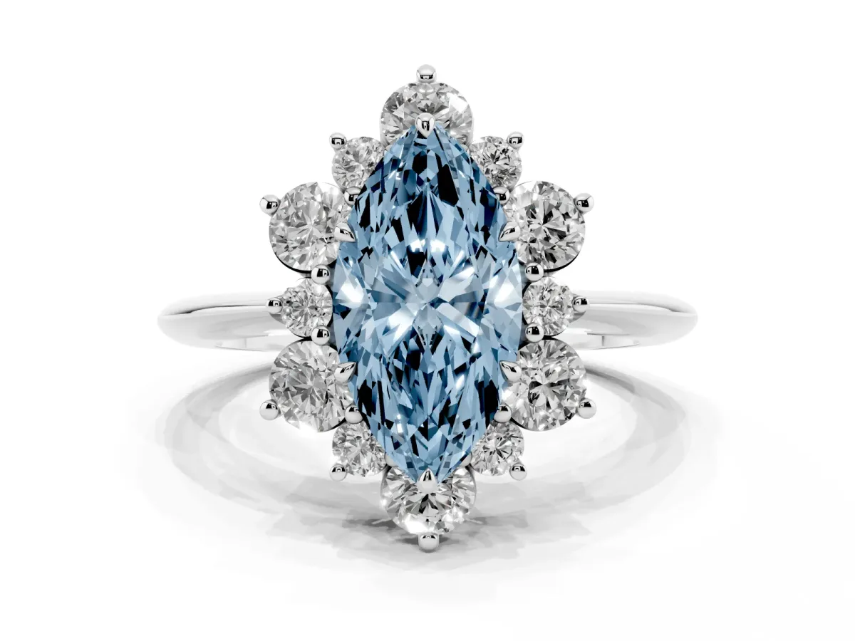 Fancy Blue Marquise Cut Diamond Cluster Halo Ring with Solitaire Band and Four-Prong Setting White gold