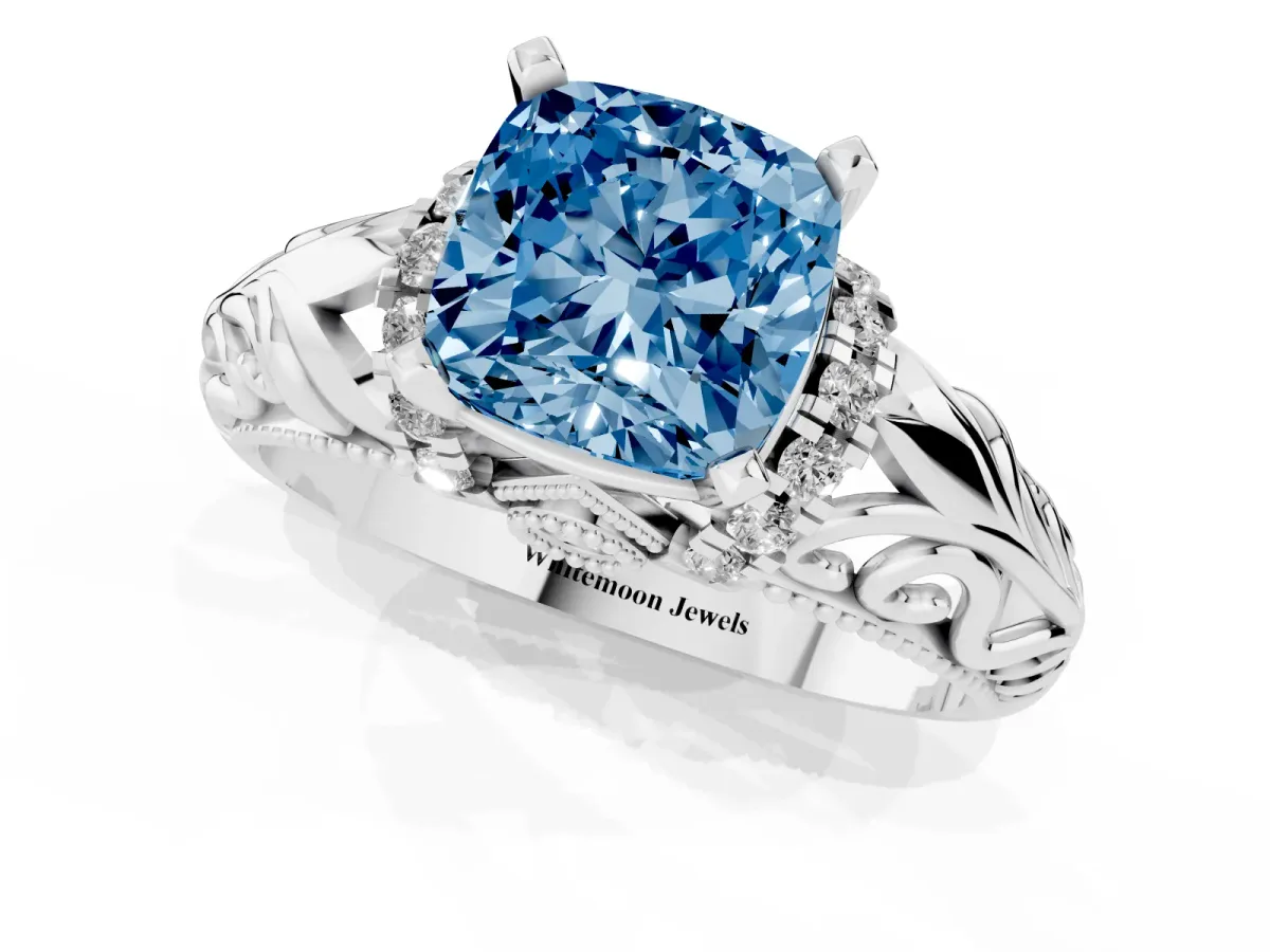 Fancy Blue Cushion Cut Solitaire Filigree Engagement Ring with Halo and Prong Setting Silver