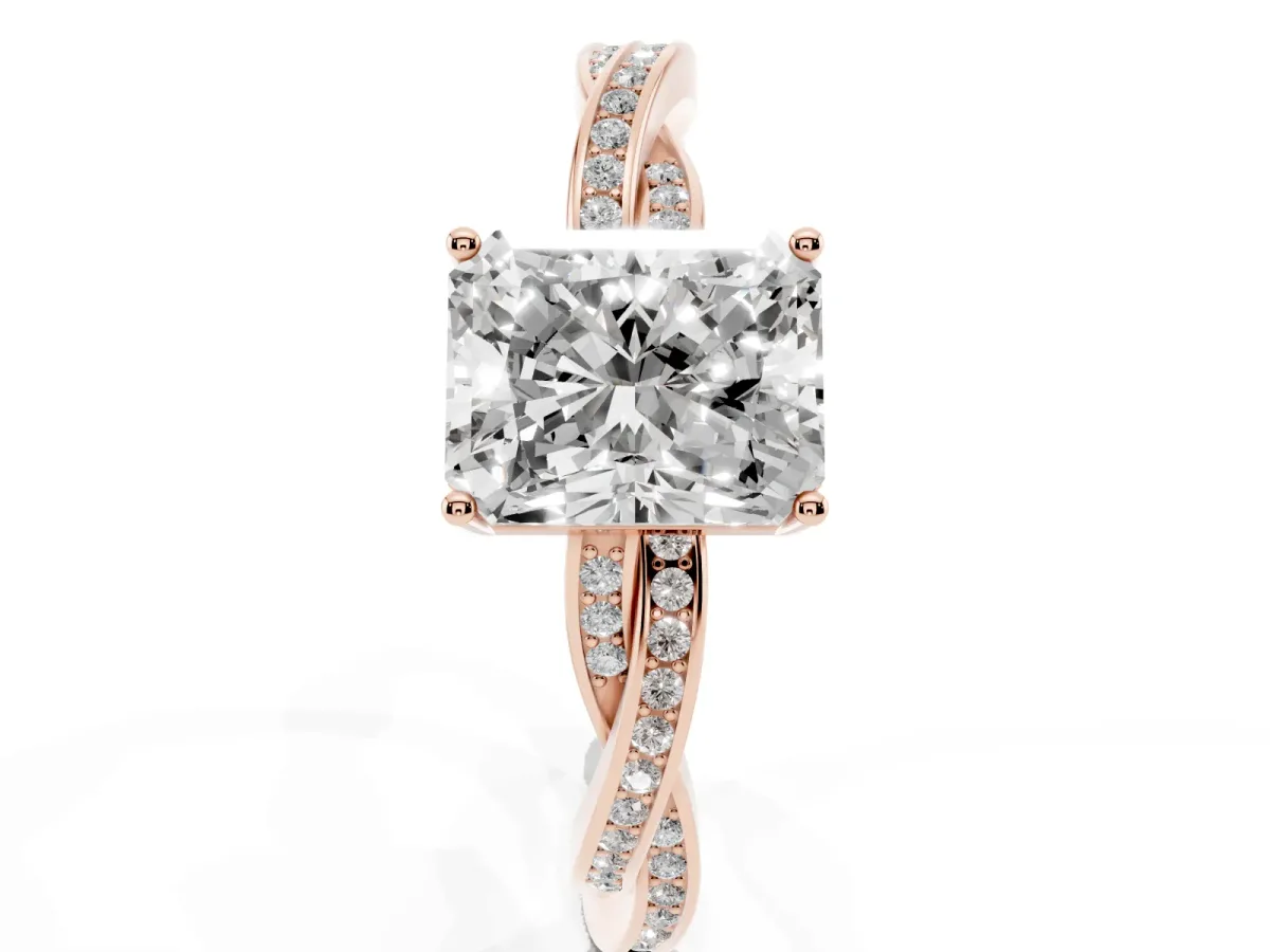Radiant Cut Solitaire Twisted Pave Diamond Ring with Four-Prong Setting Rose gold