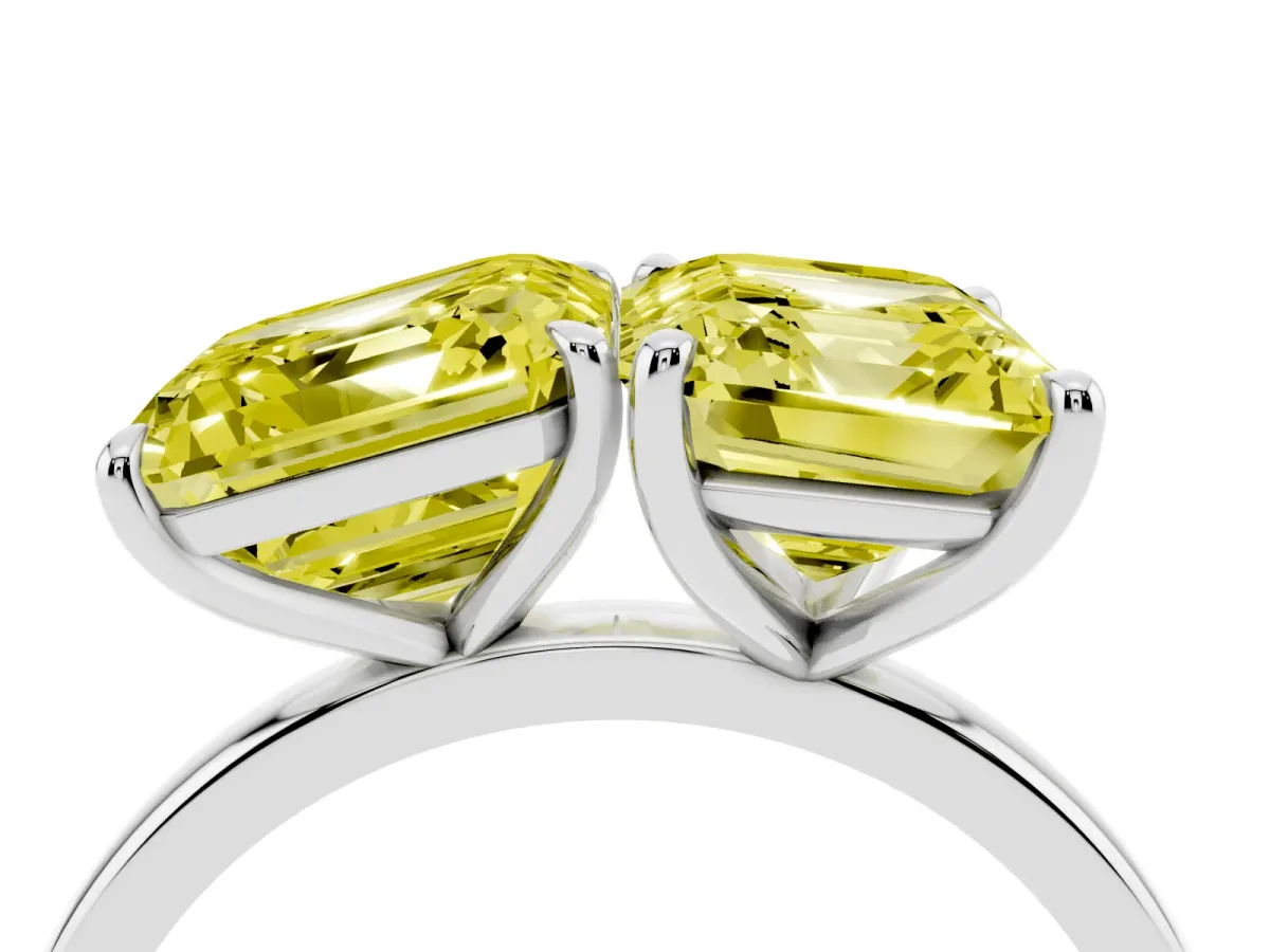Fancy Yellow Asscher Cut and Emerald Cut Toi Moi Ring with Prong Setting Platinum