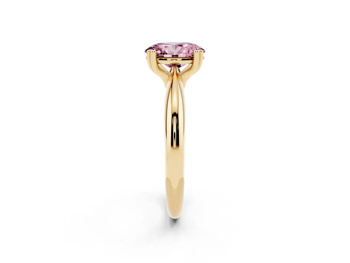 Fancy Pink Oval Cut Cut Solitaire Engagement Ring with Tapered Band and Four-Prong Setting Yellow gold