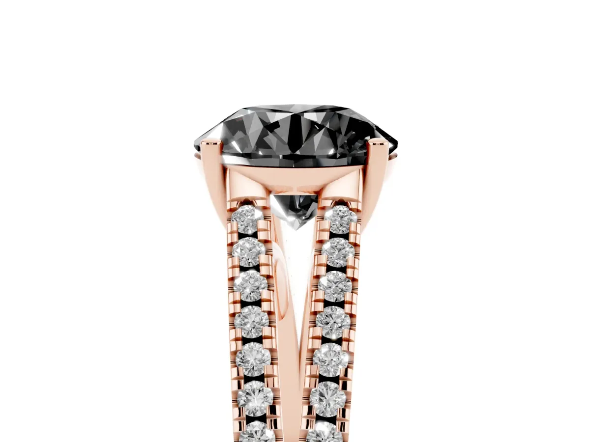 Fancy Black Round Cut Diamond Solitaire Engagement Ring with Split Shank Pavé Band Rose gold