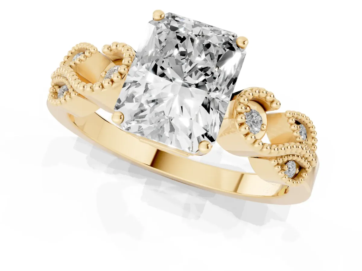 Princess Cut Solitaire Milgrain Leaf Band with Prong Setting Yellow gold