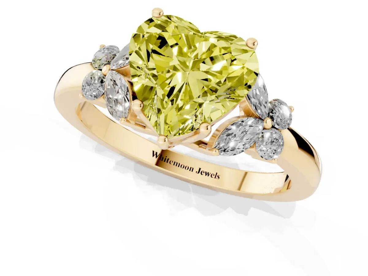 Fancy Yellow Heart Cut Cut Solitaire Floral Diamond Ring with Four-Prong Setting Yellow gold