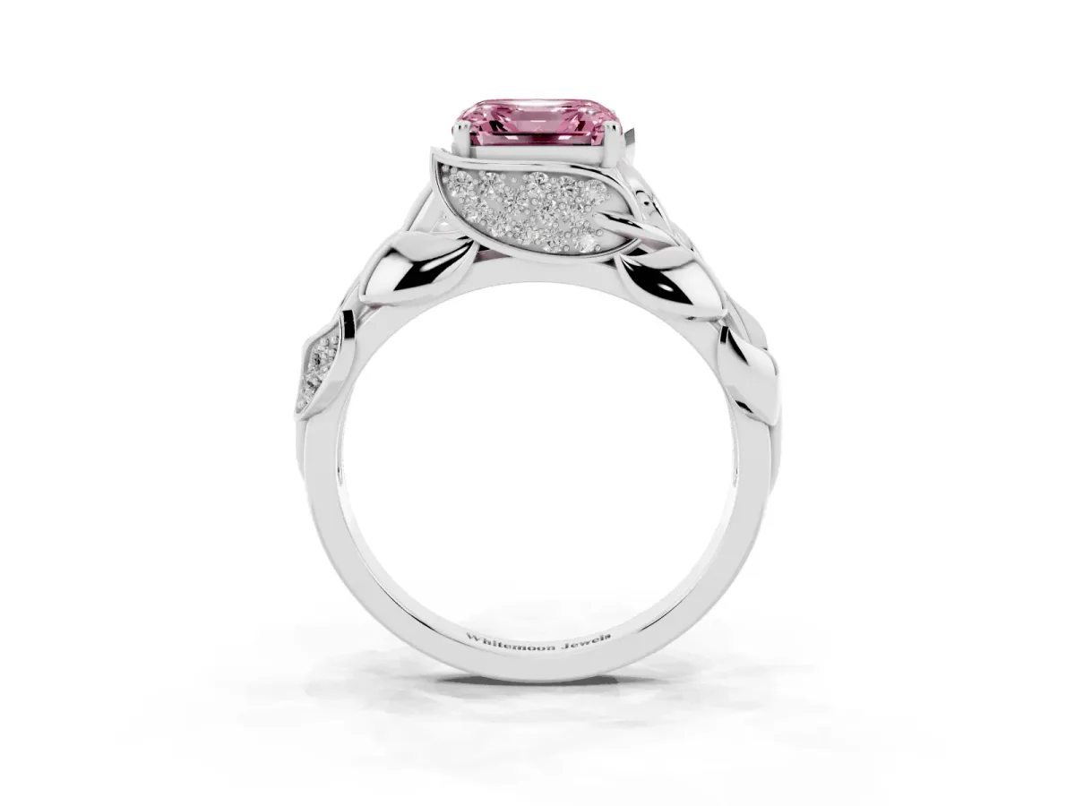Fancy Pink Asscher Cut Diamond Leaf-Inspired Engagement Ring with Round Accents and Prong Setting Platinum