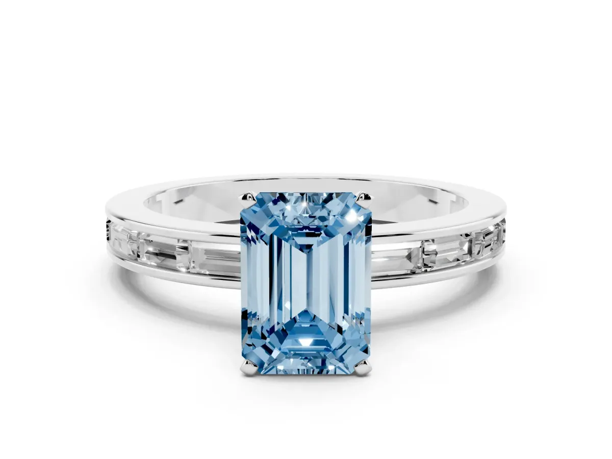 Fancy Blue Emerald Cut Solitaire Diamond Ring with Channel-Set Baguette Band and Four-Prong Setting White gold