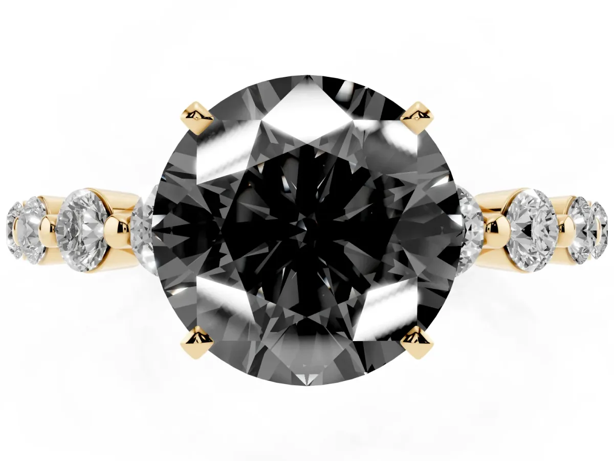 Fancy Black Round Cut Solitaire Diamond Ring with Pave Band and Four-Prong Setting Yellow gold